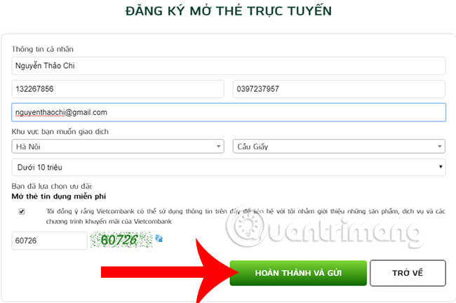 Mở thẻ Vietcombank online trên website