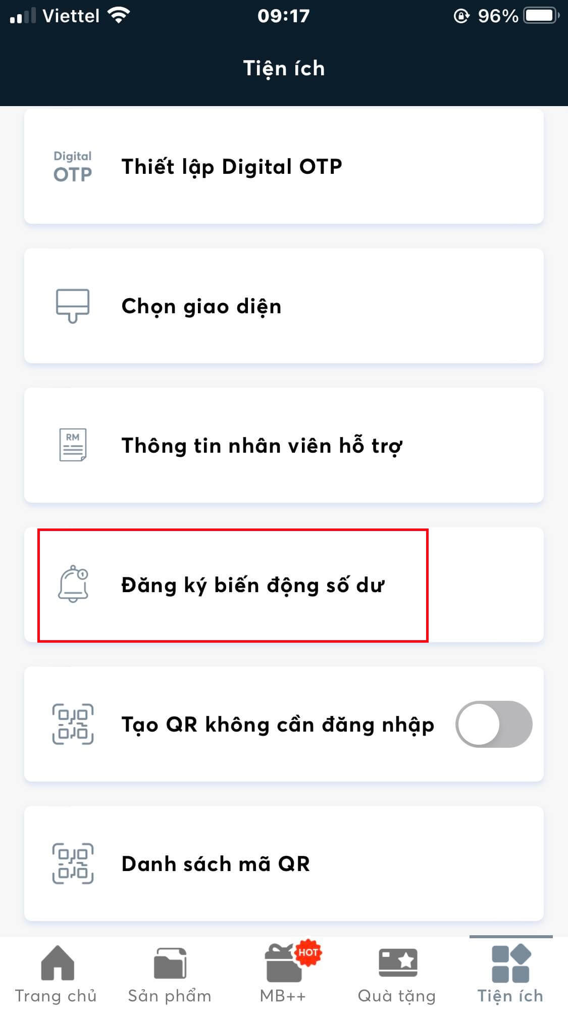 Đăng ký SMS Banking trên App MB Bank