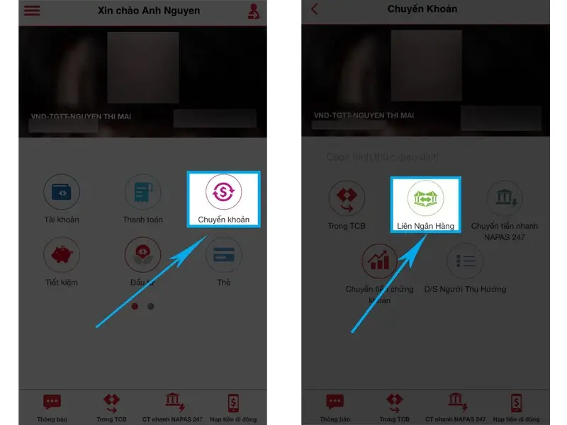 Chuyển tiền online Techcombank khác ngân hàng