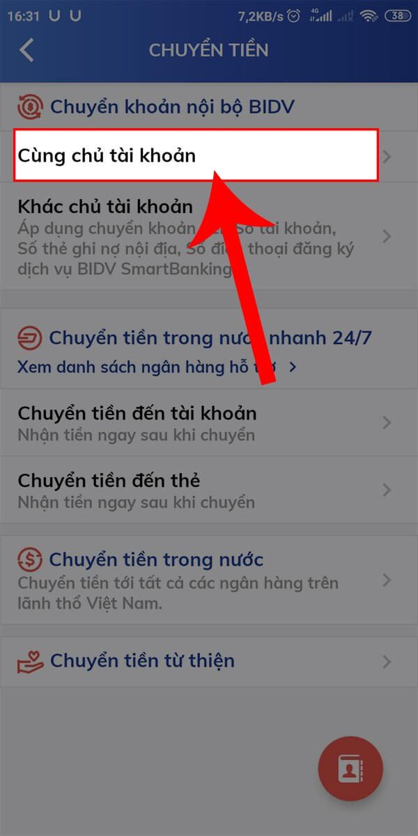 Chuyển khoản BIDV cùng chủ tài khoản