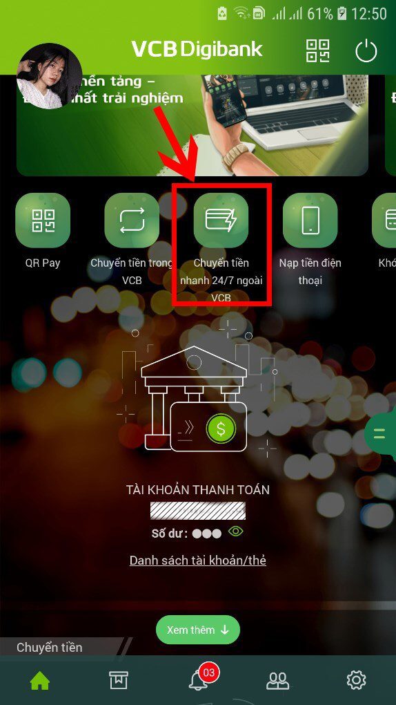 Chuyển tiền nhanh 24/7 trên app VCB Digibank