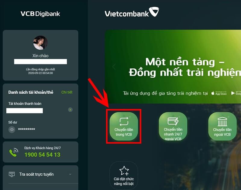 Chuyển khoản Vietcombank VCB Digibank trên máy tính