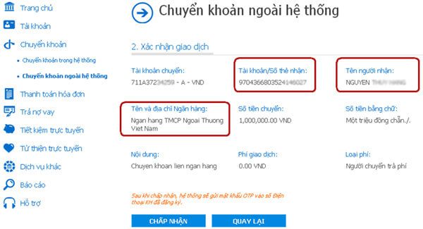 Chuyển khoản bằng Internet banking Vietinbank