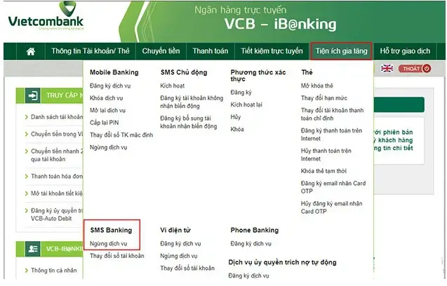 Hủy SMS Banking trên website Vietcombank