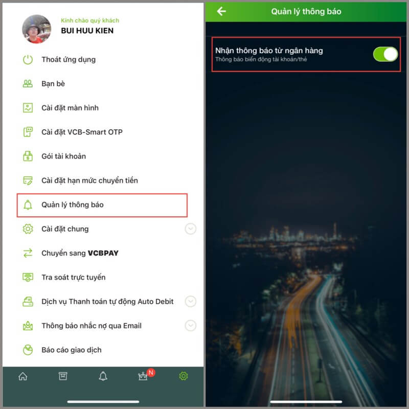 Cách kích hoạt thông báo biến động số dư trên App VCB Digibank
