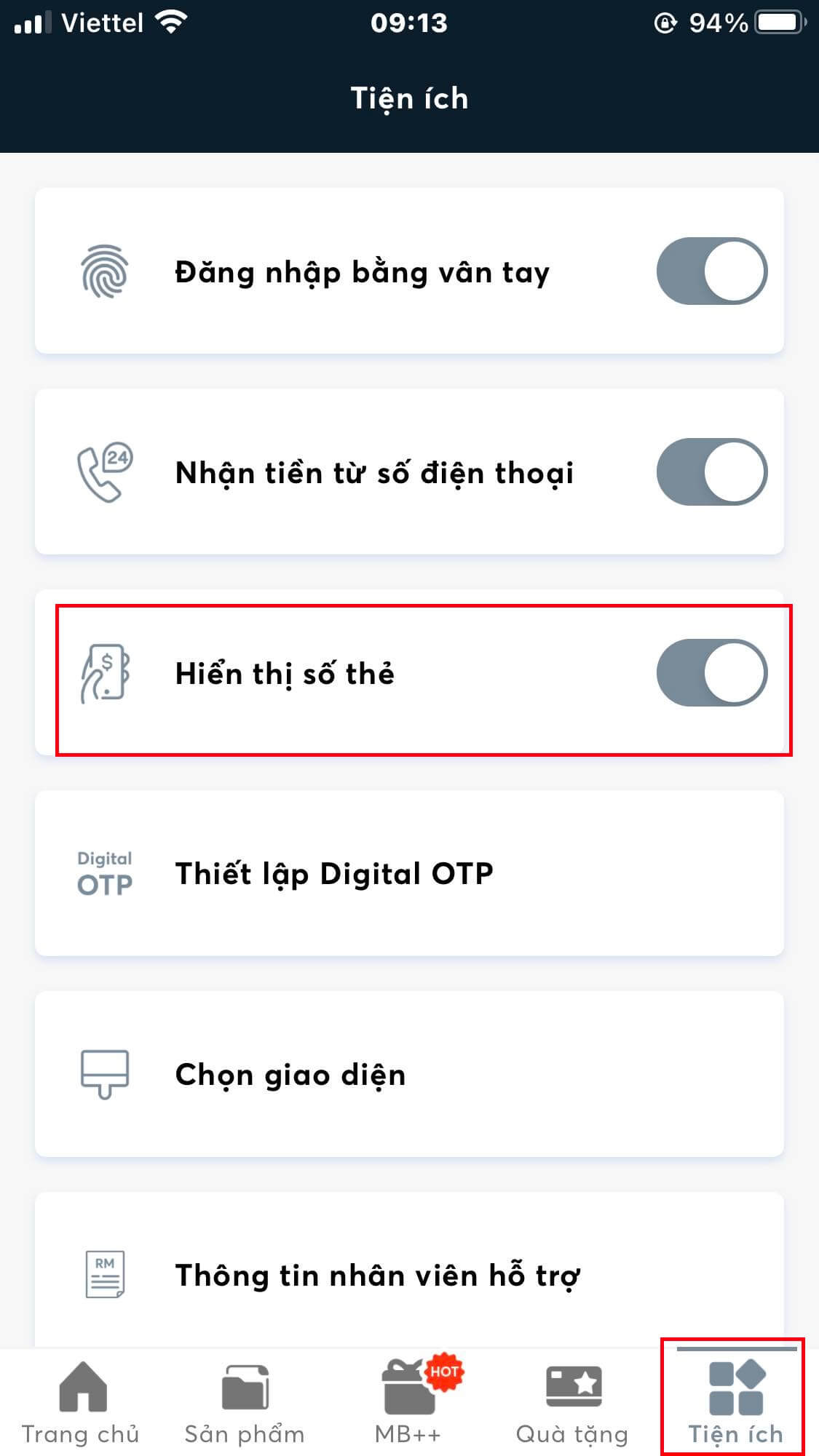 Xem số thẻ trên App MBBank